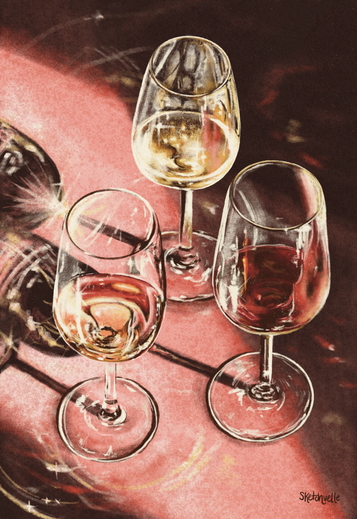 Digital painting of wine glasses.